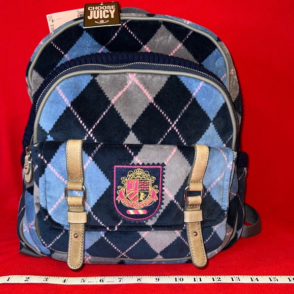 NWT JUICY COUTURE Blue Plaid Velour Regal Backpack School Book Bag Rare Vintage - Picture 14 of 16